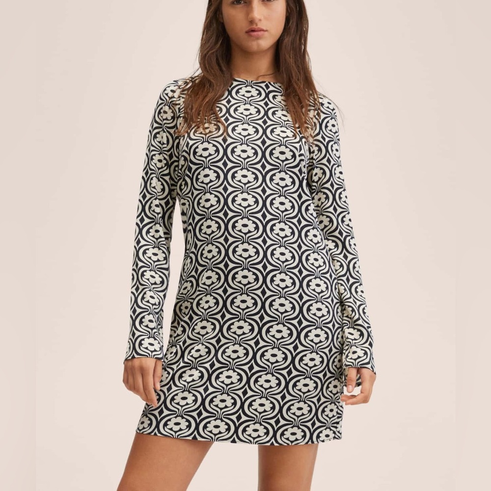 Mango Mod 60s Patterned Black and White Satin Dress size large